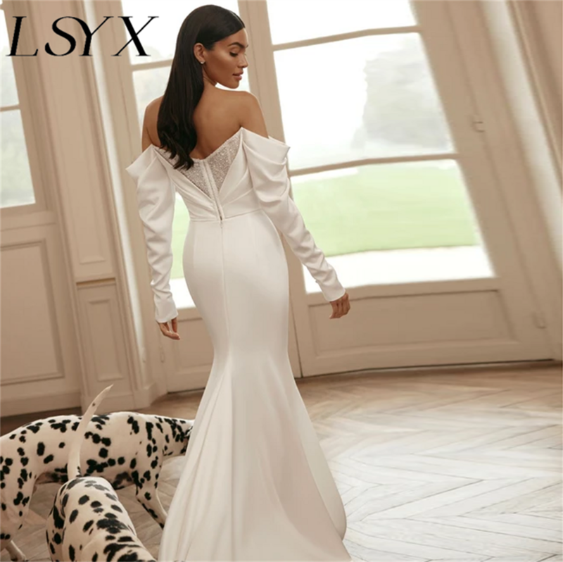 Lsyx-スパンコールのついた花嫁のドレス,裸の肩,長袖,人魚のカット,結婚式の服,背中の開いたアップリケ,カスタムメイド