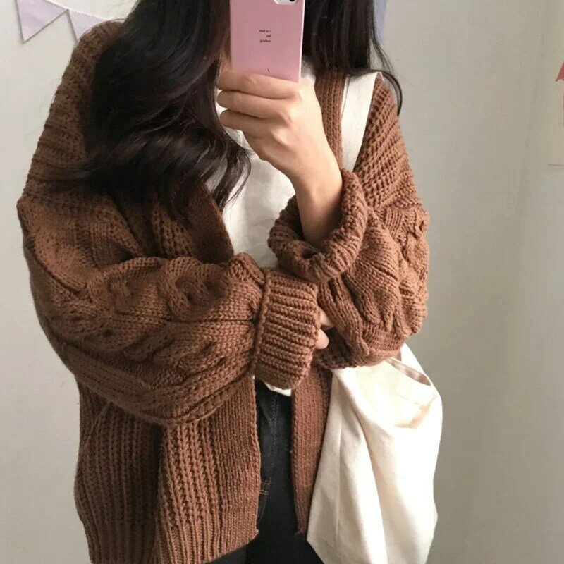 Übergroße Strick pullover braun Herbst Winter neue Frauen koreanische Mode süße Langarm verdrehte Strick mantel Pullover Strickjacke