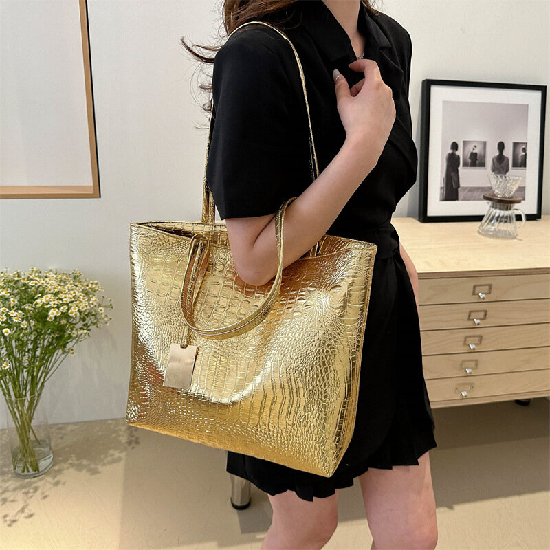 Вместительная сумка из искусственной кожи для женщин, новинка 2024, повседневная текстурная ретро модная сумка через плечо, Портативная Сумка-тоут в Корейском стиле