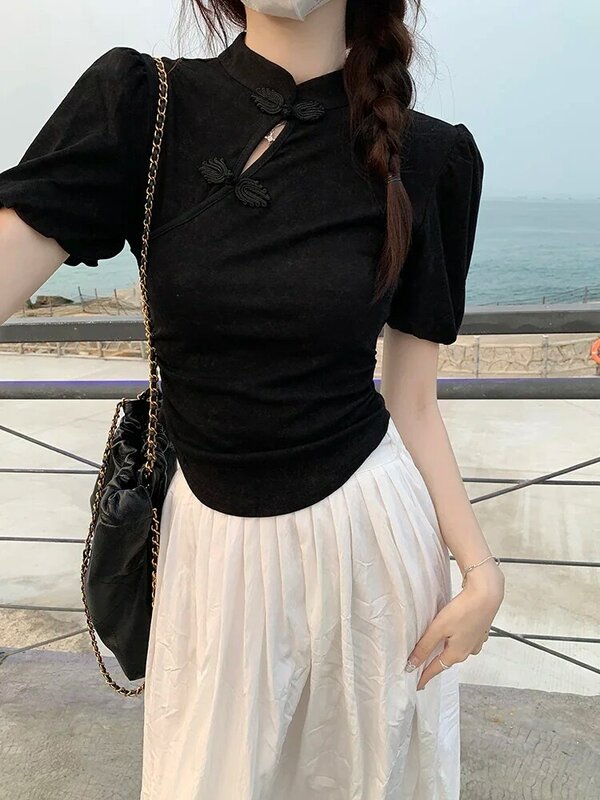 Однотонная Милая женская футболка, Новая китайская облегающая женская футболка с зауженной талией, летняя новая простая Базовая женская футболка