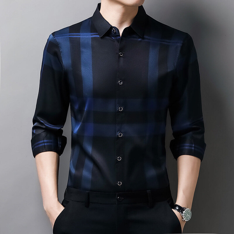 체크 셔츠 남성 격자 무늬 긴 소매 셔츠 캐주얼 편안한 비즈니스 통기성 스트라이프 셔츠 탑