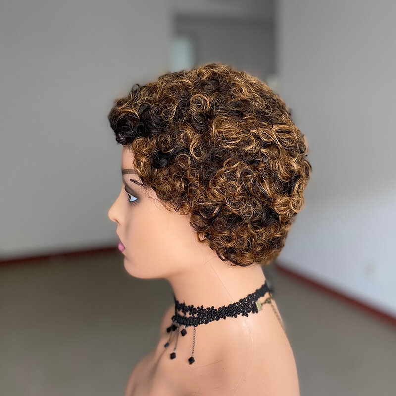 Peluca de cabello humano rizado corto para mujeres negras, pelo brasileño Remy, rizado Afro, sin pegamento, corte Pixie, barato