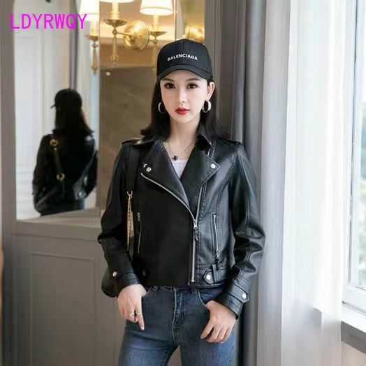 Кожаное женское короткое пальто, новинка 2023, корейский стиль, мотоциклетная кожаная куртка