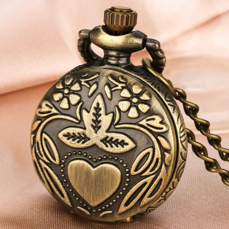 Jam tangan kalung desain bunga hati romantis elegan jam liontin rantai Sweater modis Retro Dial angka Arab Analog Quartz