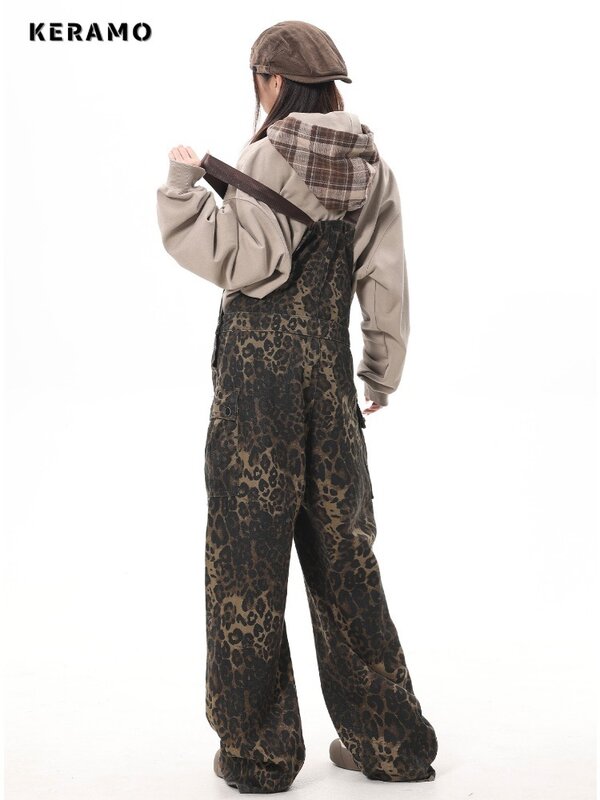 여성용 빈티지 스타일 캐주얼 포켓 점프수트, 느슨한 민소매 레오파드 무늬 바지, Y2K 헐렁한 데님 롬퍼, 2024 여름