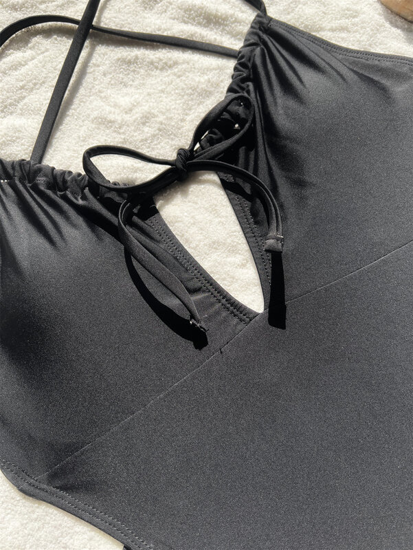 Sexy Effen Zwart Trekkoord Bandage Rugloos Badpak Één Stuk Bikini String Badmode Bodysuits Vrouwen Biquini Badpakken