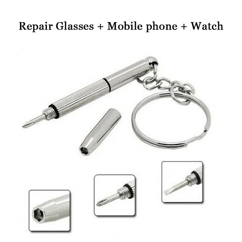 Chave de fenda em aço inoxidável para óculos, chaveiro portátil, kit de reparo do relógio, ferramentas de reparo do telefone, 3 em 1
