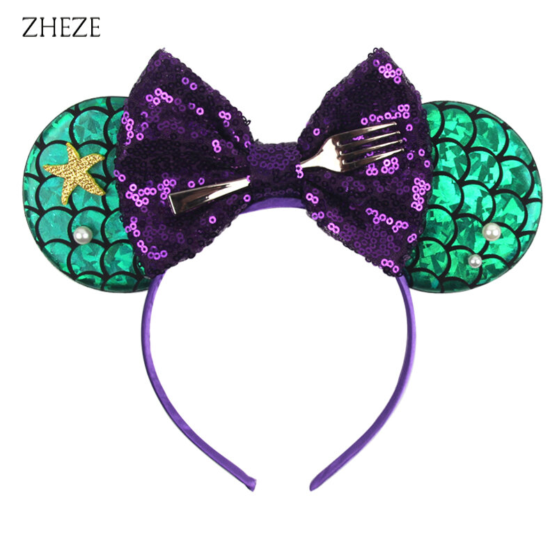 Glitter Mermaid Mouse Ears Headband para meninas, Starfish Hairband para crianças, Lantejoula Hair Bow, DIY Party Accessories, 5 ", novo, 2024