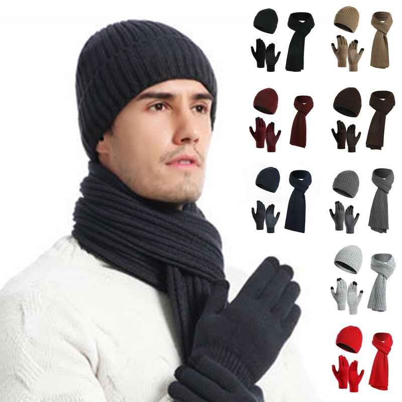 男性と女性のための増粘プラスウールネック保護キャップセット、帽子、スカーフ、タッチスクリーン、手袋、暖かい、屋外、乗馬、3個、冬