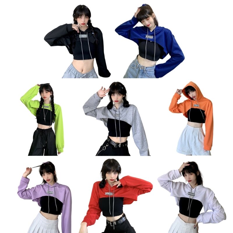 Mit Hut Frauen Langarm kurz geschnitten Super-Crop Top Hoodies Sweatshirt ästhetische Punk Hip-Hop-Tanz sexy Rave Kleidung für Frauen