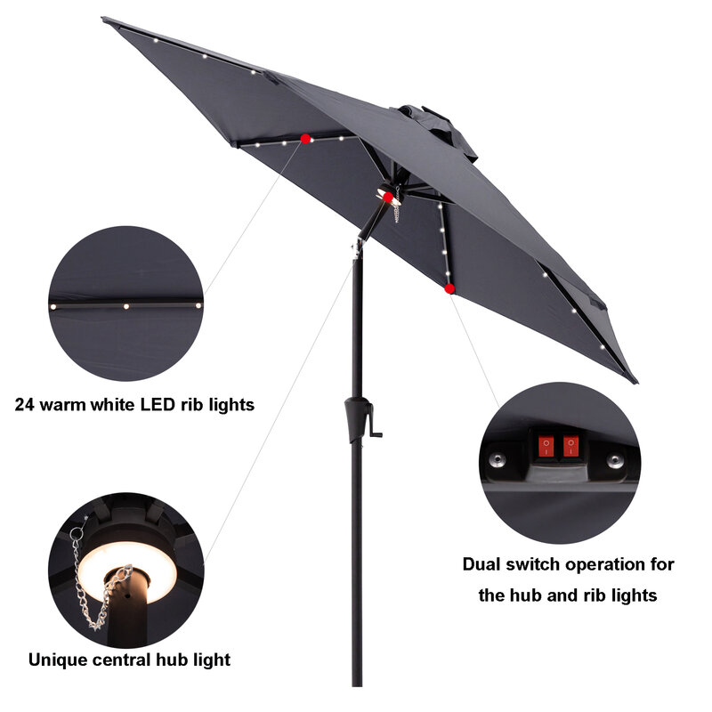 Paraguas de mercado para Patio al aire libre de 7,5 pies con luces LED solares e inclinación