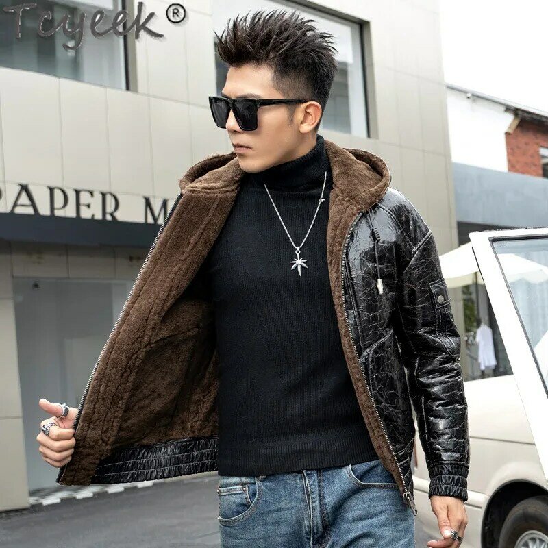 Tcyeek-Jaquetas de couro genuíno masculinas, casaco de pele de carneiro real, jaqueta de inverno, casacos de couro de cera de óleo