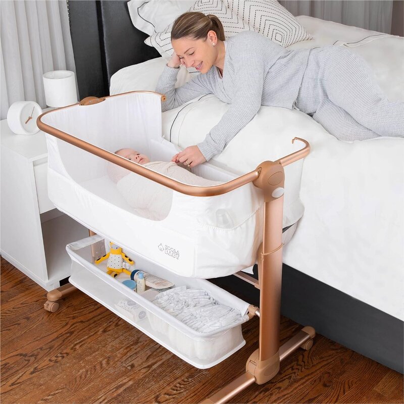 Bassinet, Bedside Sleeper for Baby, Easy Folding Portable Crib with Storage Basket for Newborn, Bedside Bassinet,