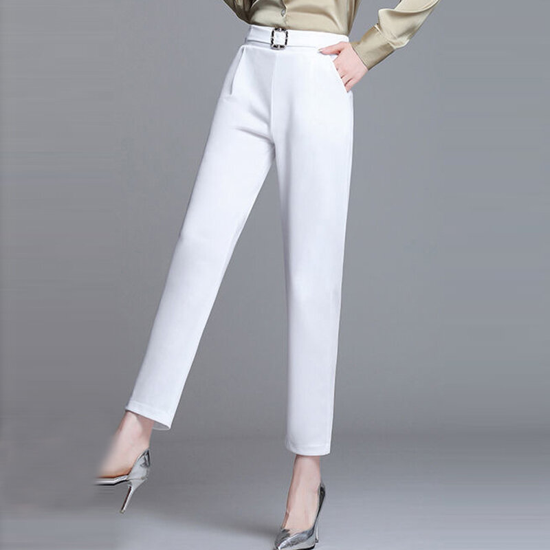 女性の韓国のオフィスパンツ,伸縮性のあるハイウエスト,シンプル,白,黒のポケット,新しい夏のコレクションS-4XL
