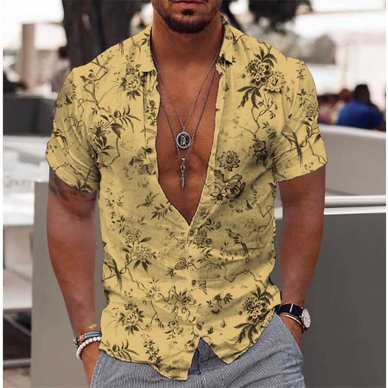 Camisa de manga corta con estampado floral 3D para hombre, camiseta de manga corta con botones de solapa, xs-6 de calle, moda de verano, 2024