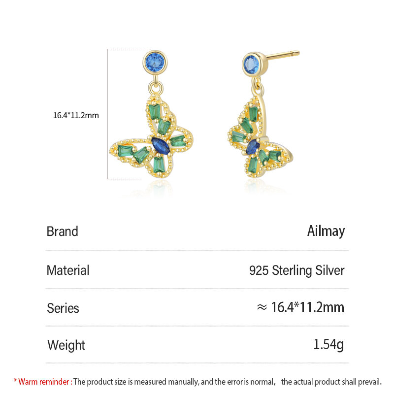 Ailmay 925 Sterling Silver Charm Butterfly Blue Green CZ Insect Stud Earrings For Women Girls Banquet Party Accessories Jewelry