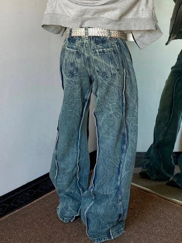 Amerikaanse Vintage Plus Size Wasontwerp Arc Stiksels Jeans Vrouw Y 2K Straat Nieuwe Hoge Taille Rechte Wijde Broek Met Wijde Pijpen