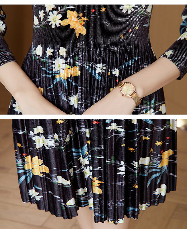 Sanzhai-مطوي زهرة طباعة فستان ، مرونة فضفاضة كبيرة فستان الرجعية ، طول الركبة ، الخامس الرقبة ، ضئيلة ، الذهب المخملية ، الخريف ، الشتاء ، جديد ، 2023
