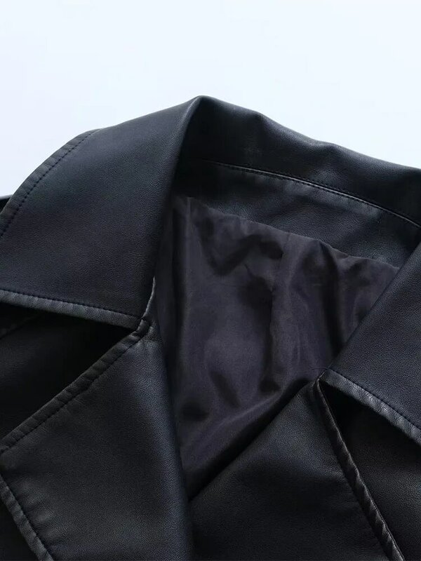 Женское длинное пальто из искусственной кожи, повседневное приталенное пальто в стиле ретро с длинным рукавом, поясом и пуговицами, верхняя одежда, весна 2024