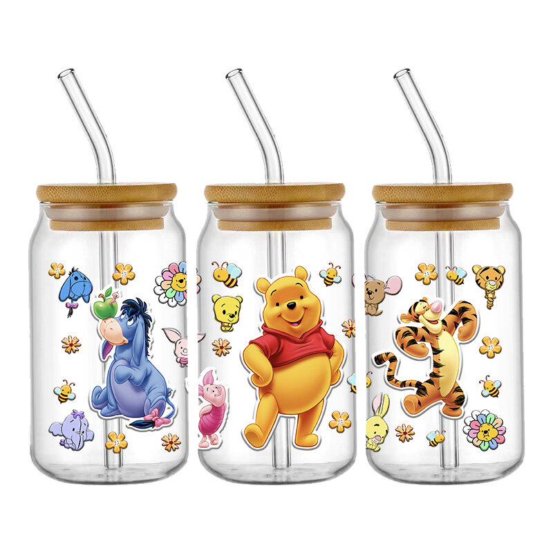 Disney-pegatinas de transferencia de oso de dibujos animados, patrón de Winnie the Pooh, UV, DTF, calcomanías impermeables para envolver tazas de vidrio de 16oz