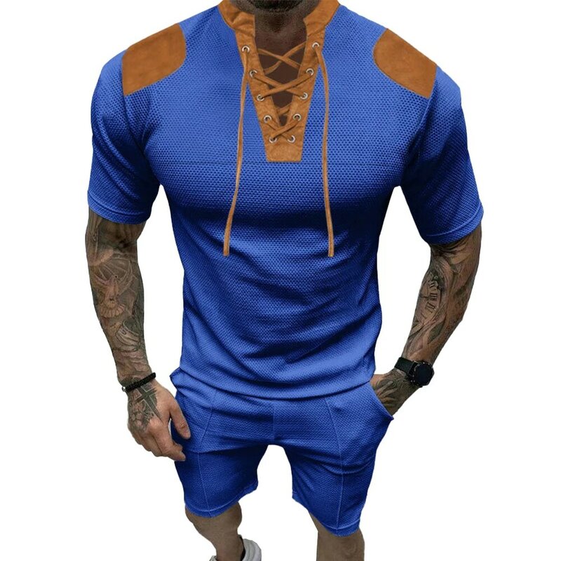 Спортивный костюм мужской из полиэстера, удобная повседневная футболка с V-образным вырезом и цветными блоками, на лето