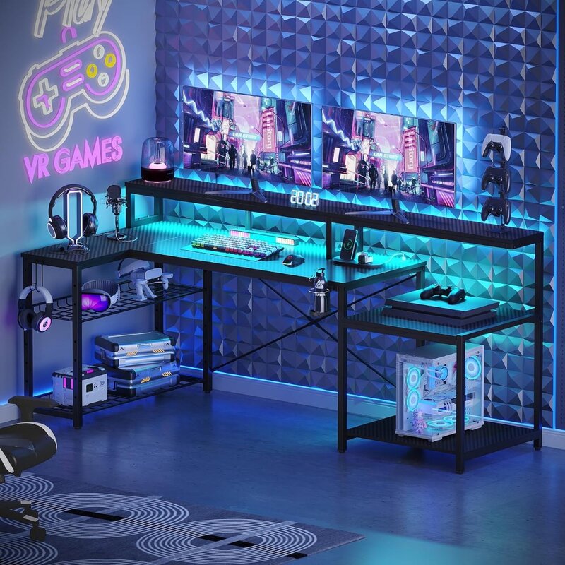 Biurko do gier Bestier z gniazdami elektrycznymi, biurko komputerowe LED 71,5 z długą podstawką pod monitor, duże biurko narożne w kształcie litery L