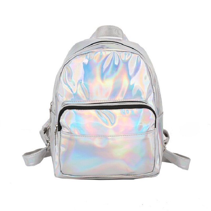 Mochila holográfica de piel sintética para mujer y niña, bolso escolar de lujo con láser, color rosa y plateado, de tamaño pequeño, 2023