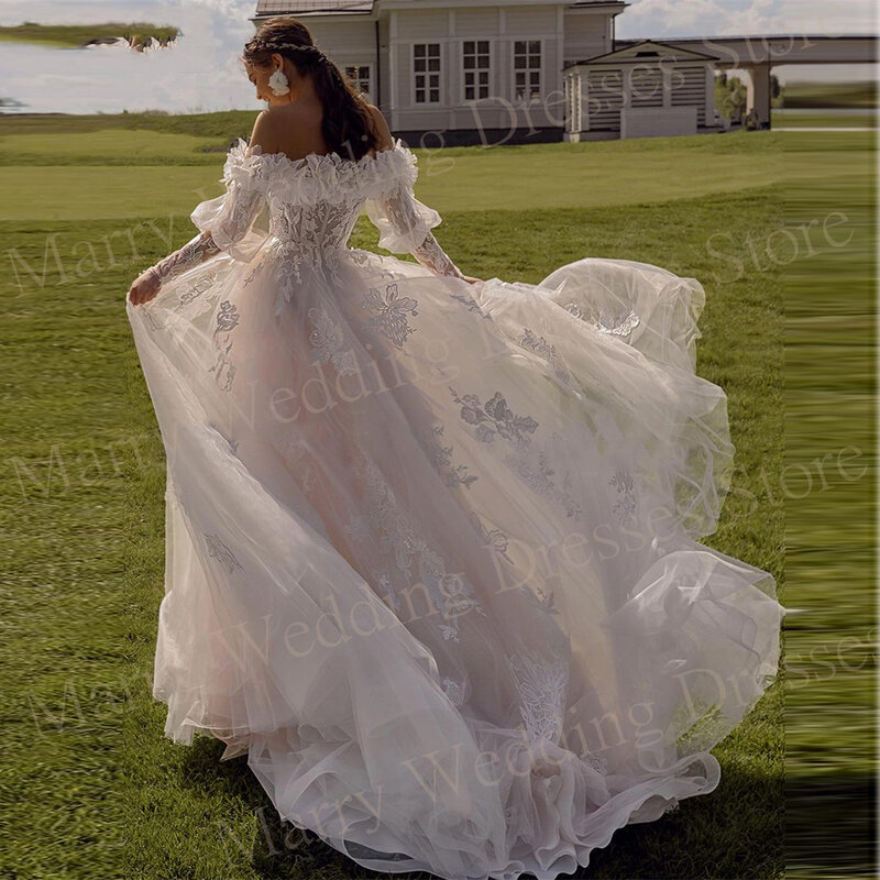보호 빈티지 우아한 A 라인 여성 웨딩 드레스, 절묘한 레이스 아플리케, 신부 가운, 모던 오프 숄더 로브 드 마리