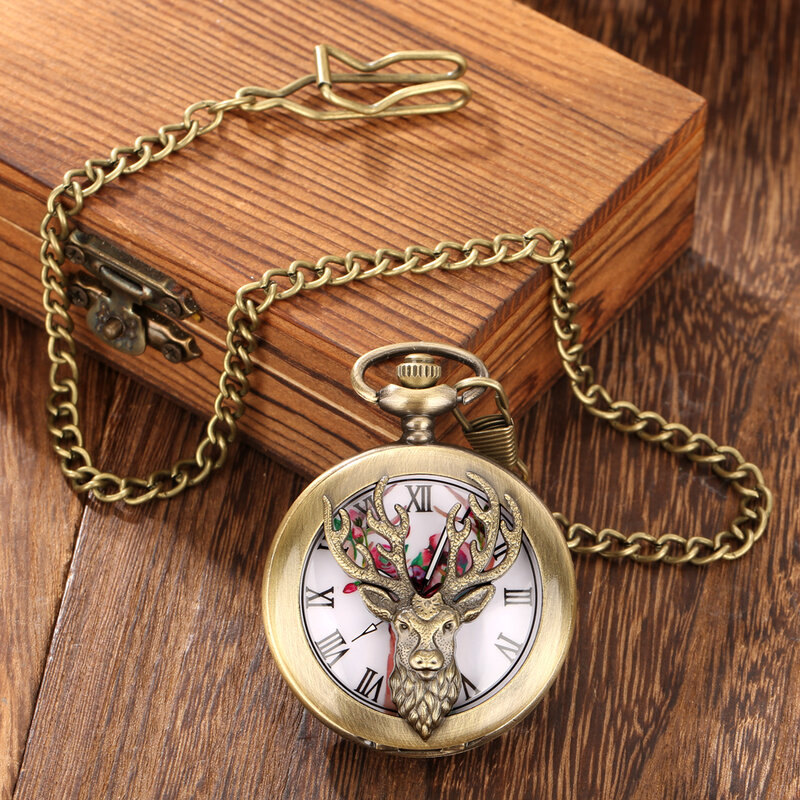 Cabeza de alce de bronce Retro, cubierta hueca, Sika, ciervo, flores, cuernos, diseño de esfera, reloj de bolsillo de cuarzo, COLLAR COLGANTE, reloj antiguo
