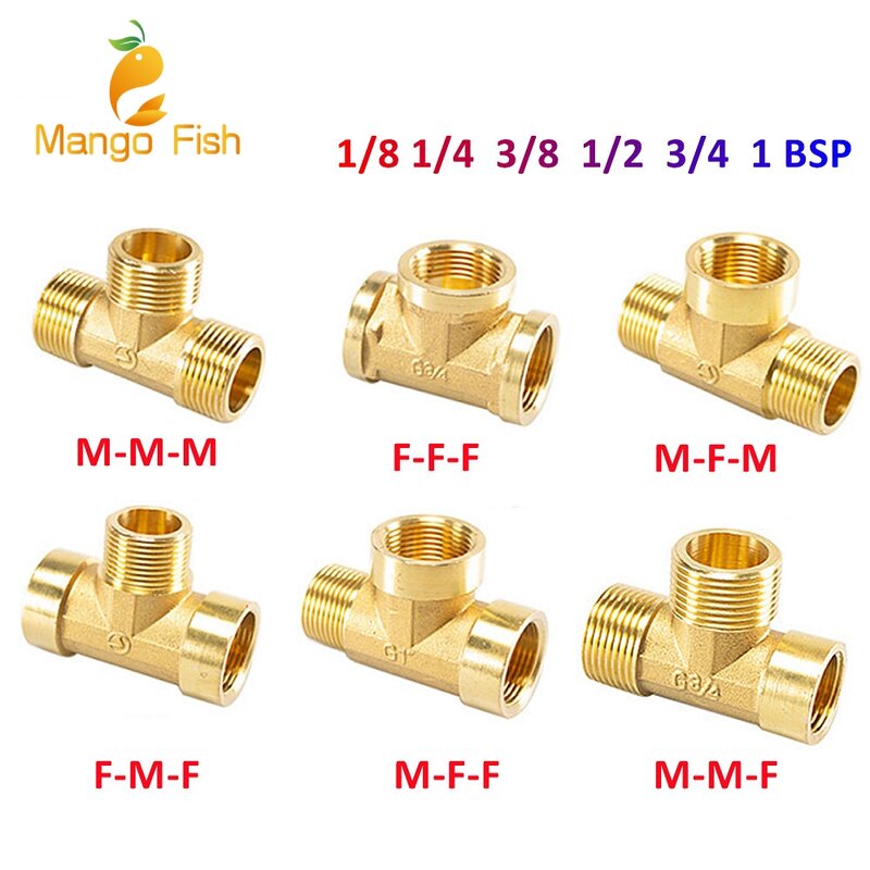 Pneumatic Plumbing Brass Pipe Fitting Male/Female Thread 1/8" 1/4" 3/8" 1/2" BSP Tee Type Copper Fittings Water Oil Gas Adapter