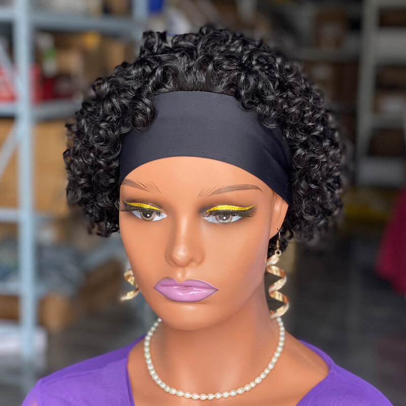 Peruca Curly Headband para Mulheres, Pixie Corte Perucas de Cabelo Humano, Cabelo Humano