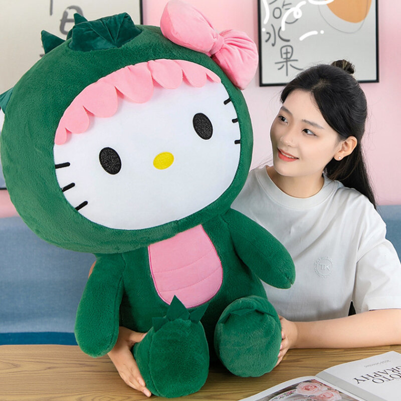 Sanrio Kawaii Hello Kitty dinosaurio juguete de peluche, muñeca de dibujos animados, decoración de la habitación, almohada para dormir, regalo de cumpleaños para niños, 35 cm, 50 cm, 65cm