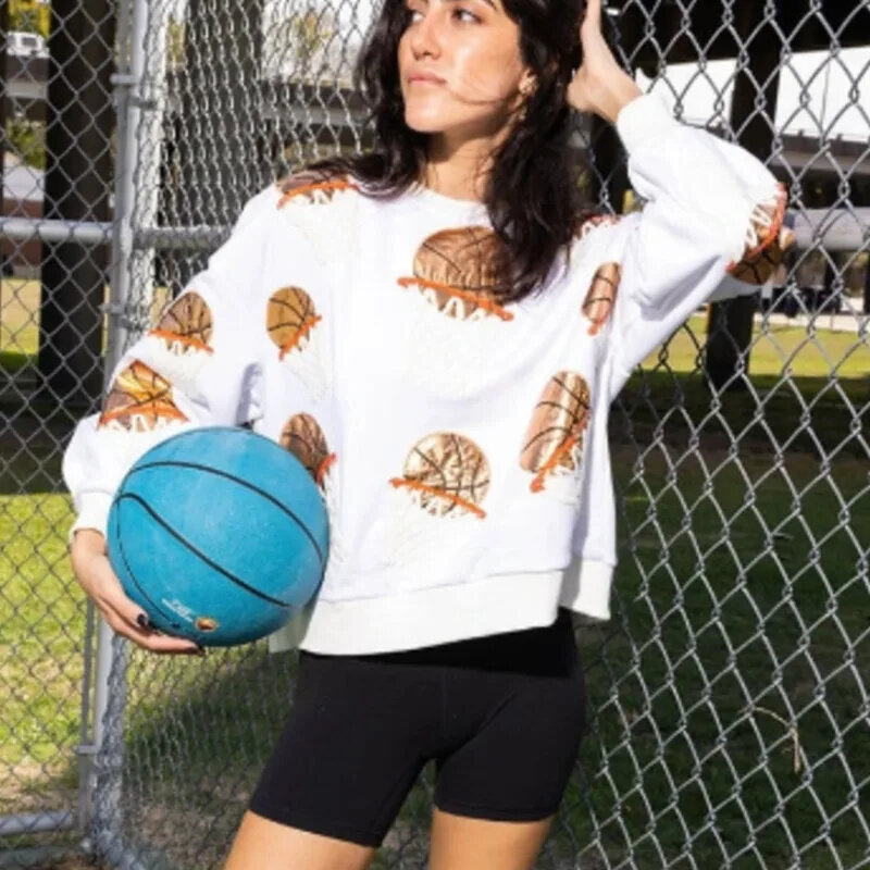 Hoodie rajut payet basket wanita, Hoodie Pullover leher O, gambar bordir kasual Amerika Eropa Mode Musim Semi 2024