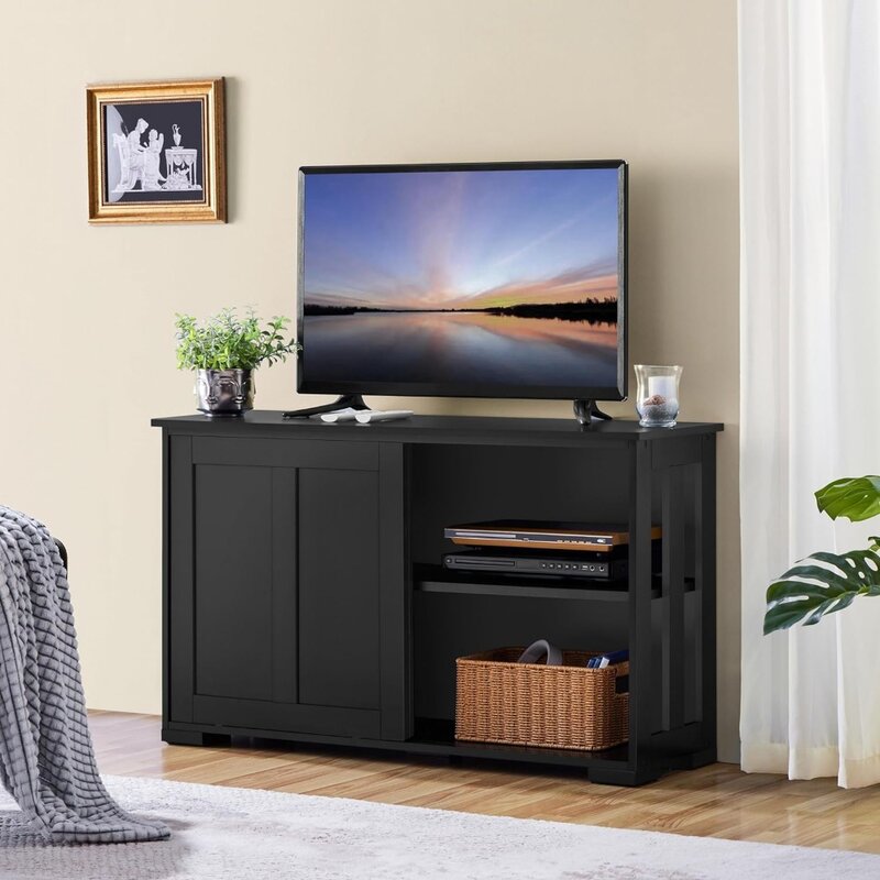 Dudukan TV, meja penyimpanan kayu dengan pintu geser dan rak yang dapat disesuaikan, kabinet berdiri bebas untuk TV hingga 45 inci.