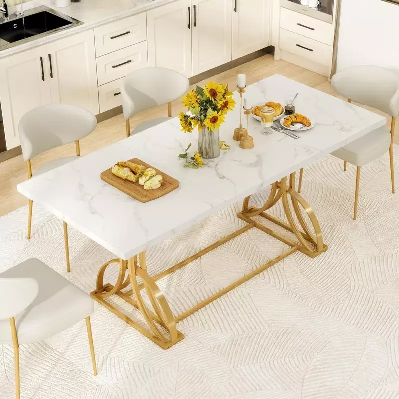 Grande table à manger moderne de 70.3 pouces pour 6 à 8 personnes, table de cuisine rectangulaire avec plateau en faux marbre et pieds métalliques géométriques dorés