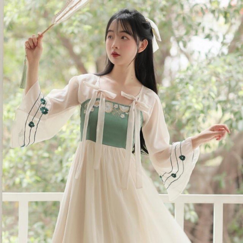 Vestido Hanfu de gasa de Festival tradicional chino para mujer, traje de actuación de baile folclórico de princesa Oriental bordado Floral
