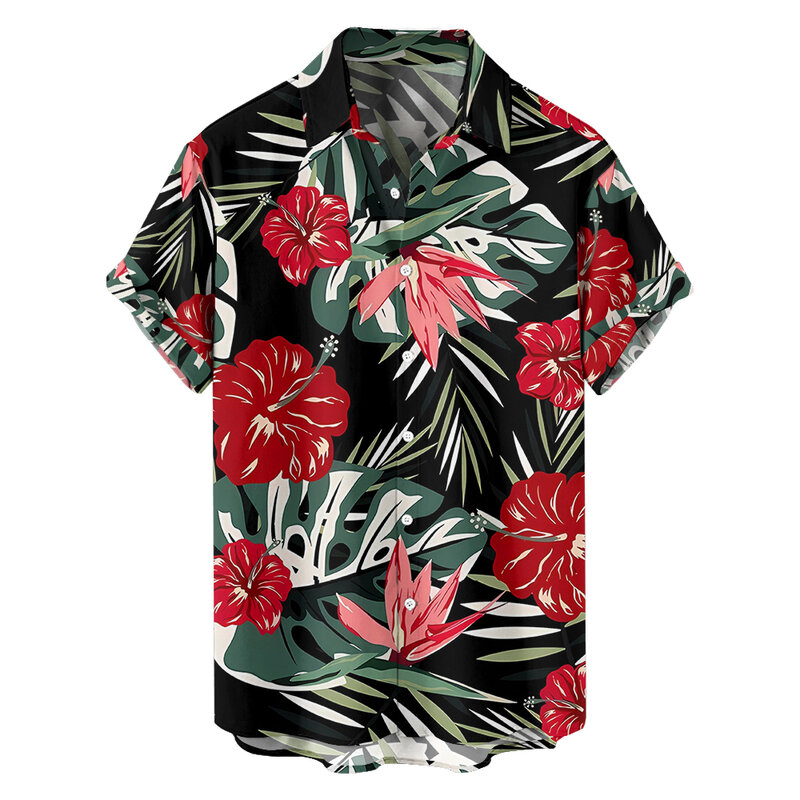 Holiday style big red flower plant print summer men's short-sleeved shirt lapel loose large size T-shirt shirt top