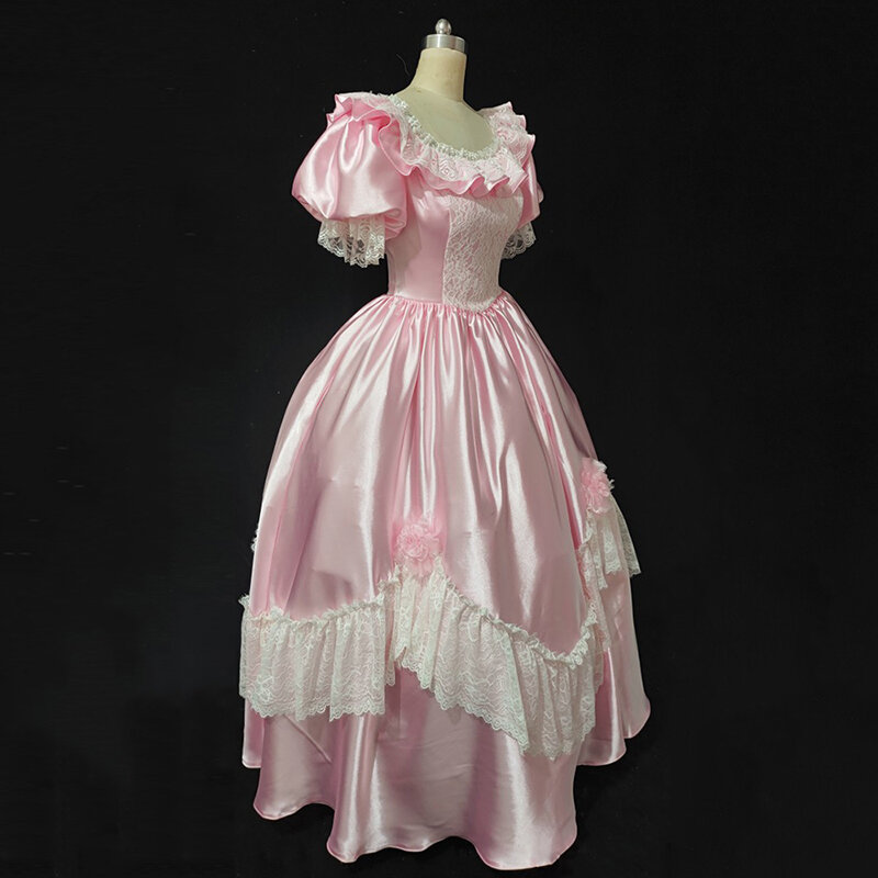 AnXin SH винтажное розовое атласное белое цветочное кружево с оборками и круглым вырезом короткие пышные рукава на шнуровке искусственное свадебное платье