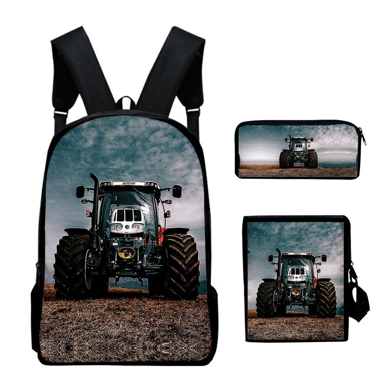 Mochila com tractor padrão para a escola, 3 pcs/set, com impressão 3d, para a escola, laptop, mochila, bolsa de ombro, estojo