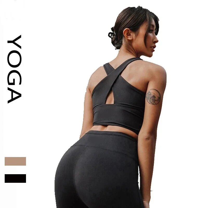 Camiseta sin mangas de Yoga a prueba de golpes, sujetador con cuello cruzado y pantalones de entrenamiento de levantamiento de cadera, conjunto de Fitness para Yoga