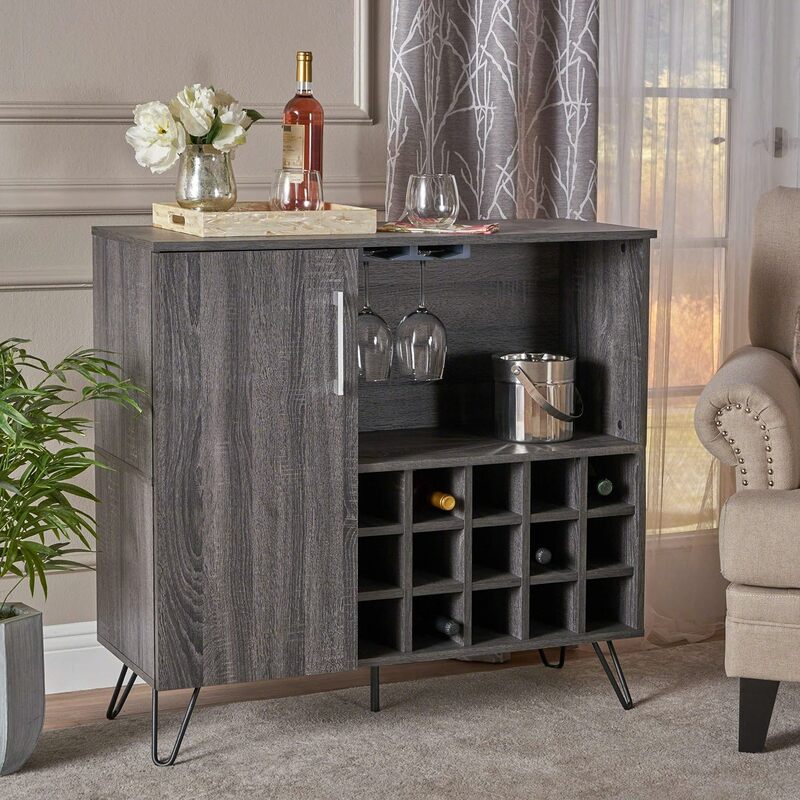 Faux Wood Wine and Bar Cabinet, Sonoma Grey Oak Finish Coffee Bar Cabinet, Sideboard Buffet Cbinet for Kitchen, Dining Room