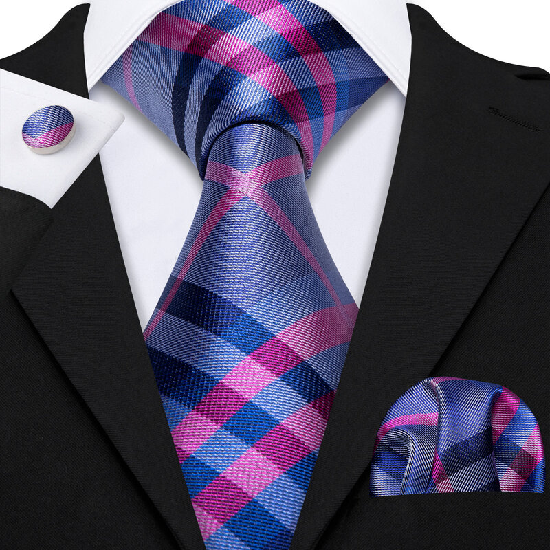 Barry.Wang Jacquard Check Silk Mens Tie Pocket Sqaure gemelli Set reticolo Plaid cravatta per regalo di festa d'affari di nozze maschile