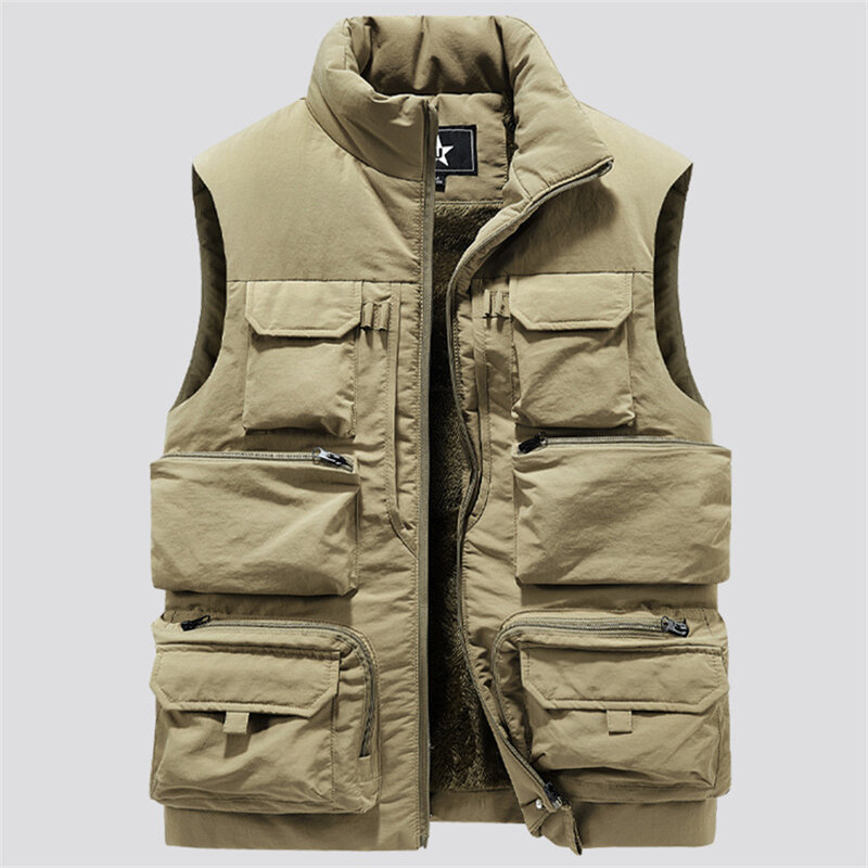 2024 New Men's Cargo Vest Winter Thick Fleece Warm Sleeveless Jacket Solid Color Tactical Coat Men Pockets Work Waistcoat 6XL