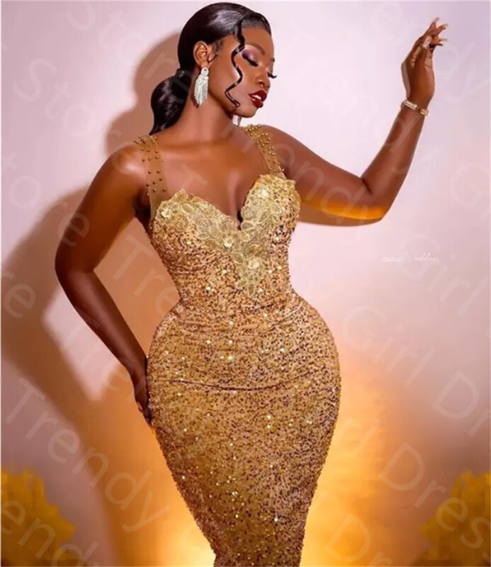 Gold Sparkly Off the Shoulder Lace Mermaid Long Prom Dresses Sheath Prom Dresses Plus Size Sweep Train فساتين سهره فاخره 2023
