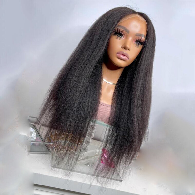 26inch Deep Yaki Long Balck 180Density Soft Kinky Straight Lace Front Wig For Women with Babyhair PrePlucked Daily Glueless Wigs