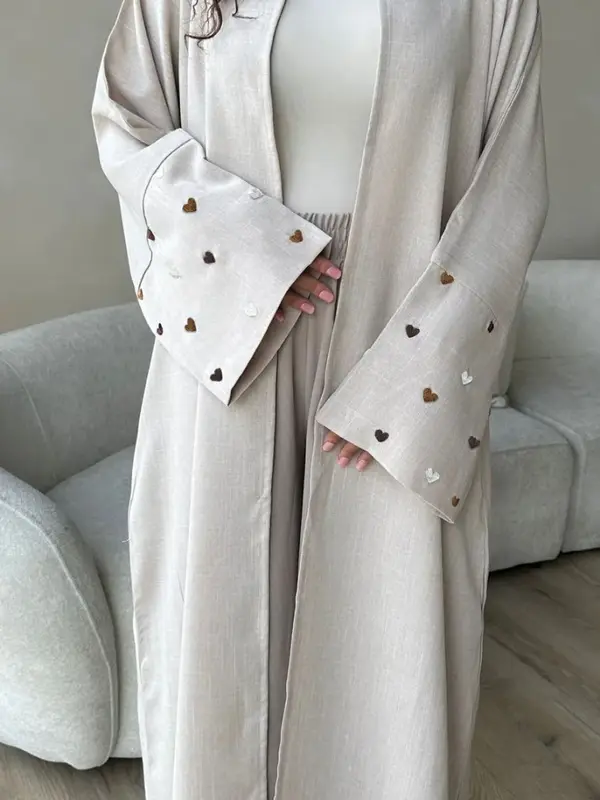Abaya Muslim bordir hati cinta untuk wanita gaun Lebaran Maroko renda Abaya Kaftan Islam Cardigan Dubai jubah panjang Arab