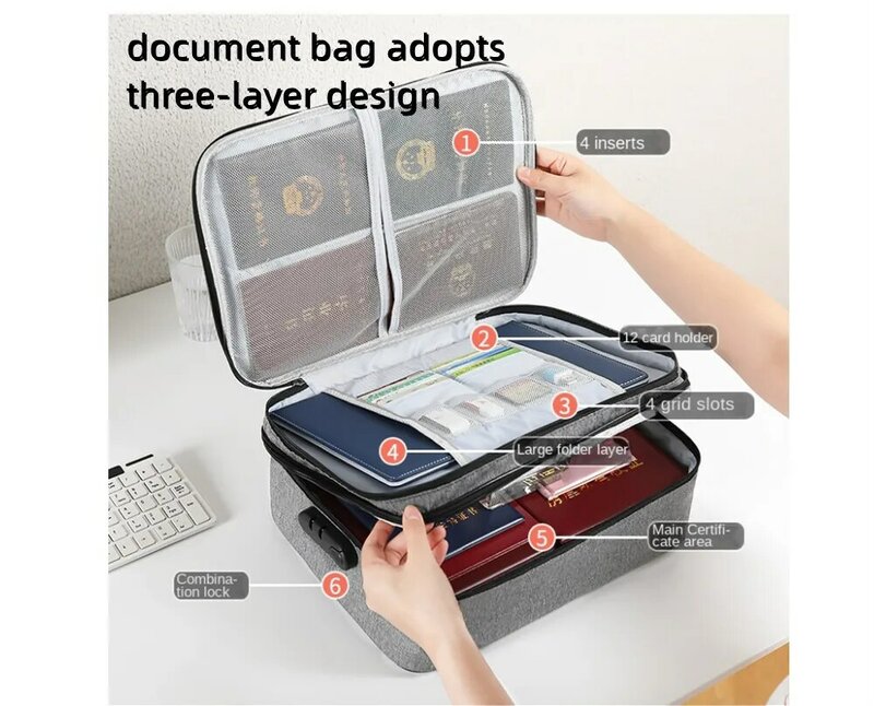 D3 Document Bag 3-layers Flame-retardant Storage Box Waterproof Large Capacity Zipper Travel Bags Certificates Boxes With Lock