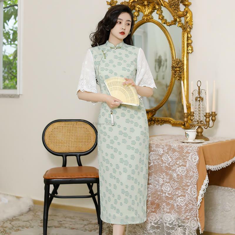 República da China Estilo Lapela Botão Melhorado Temperamento Elegante Cheongsam Mulheres Slim Floral vestido de festa de manga grande