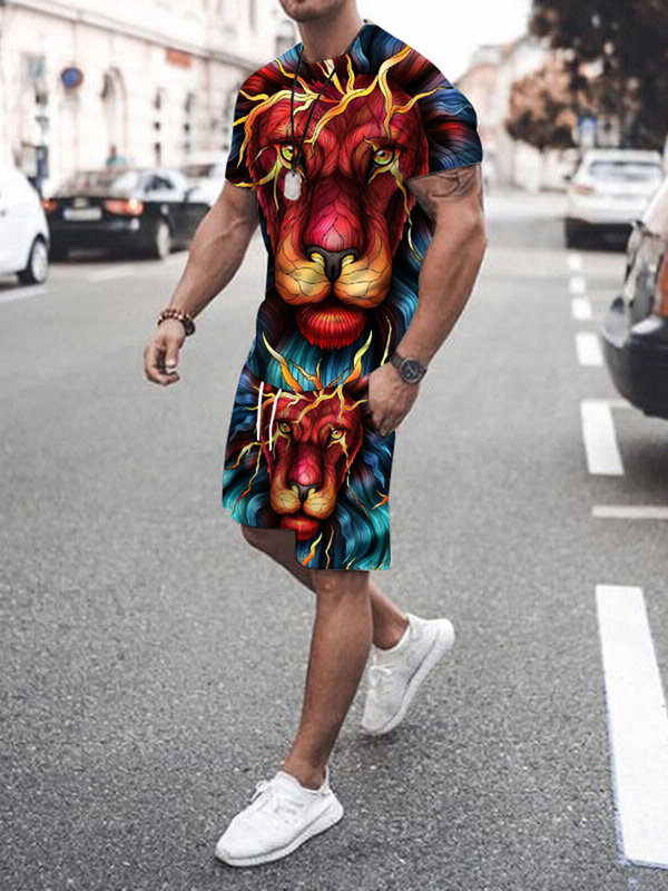 Костюм мужской повседневный, модная уличная футболка с коротким рукавом, уличные удобные дышащие шорты с принтом животных, лето