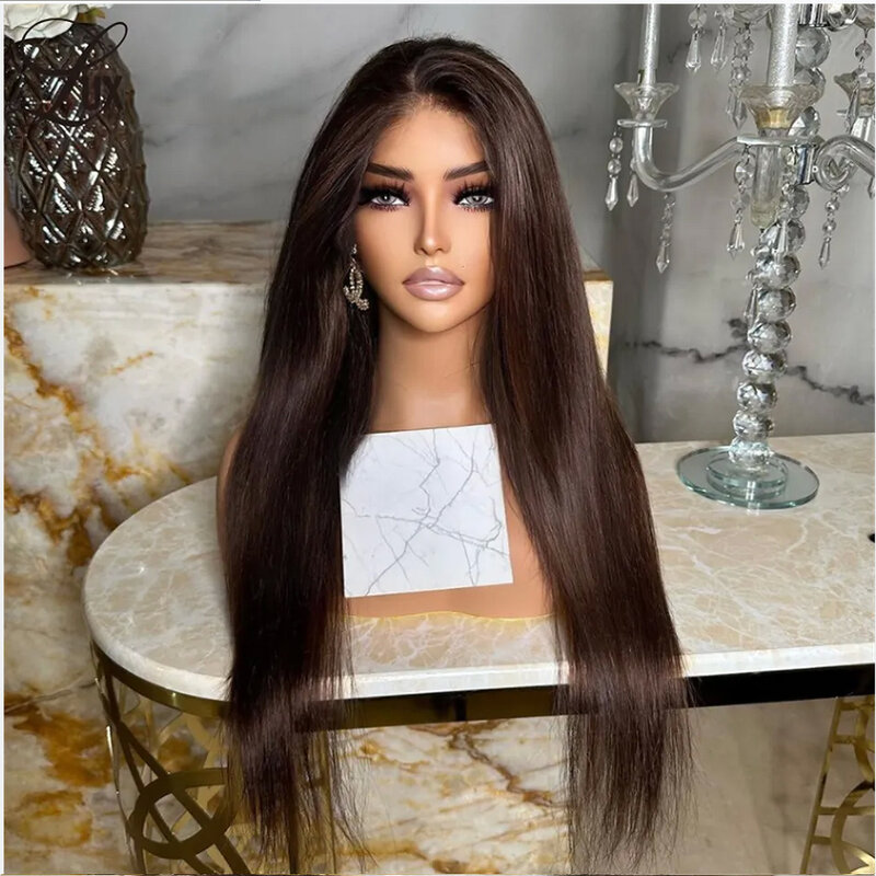 Perruque Lace Front Wig en fibre naturelle, cheveux longs, lisses et soyeux, brun foncé, 26 pouces, pre-plucked, densité 180%